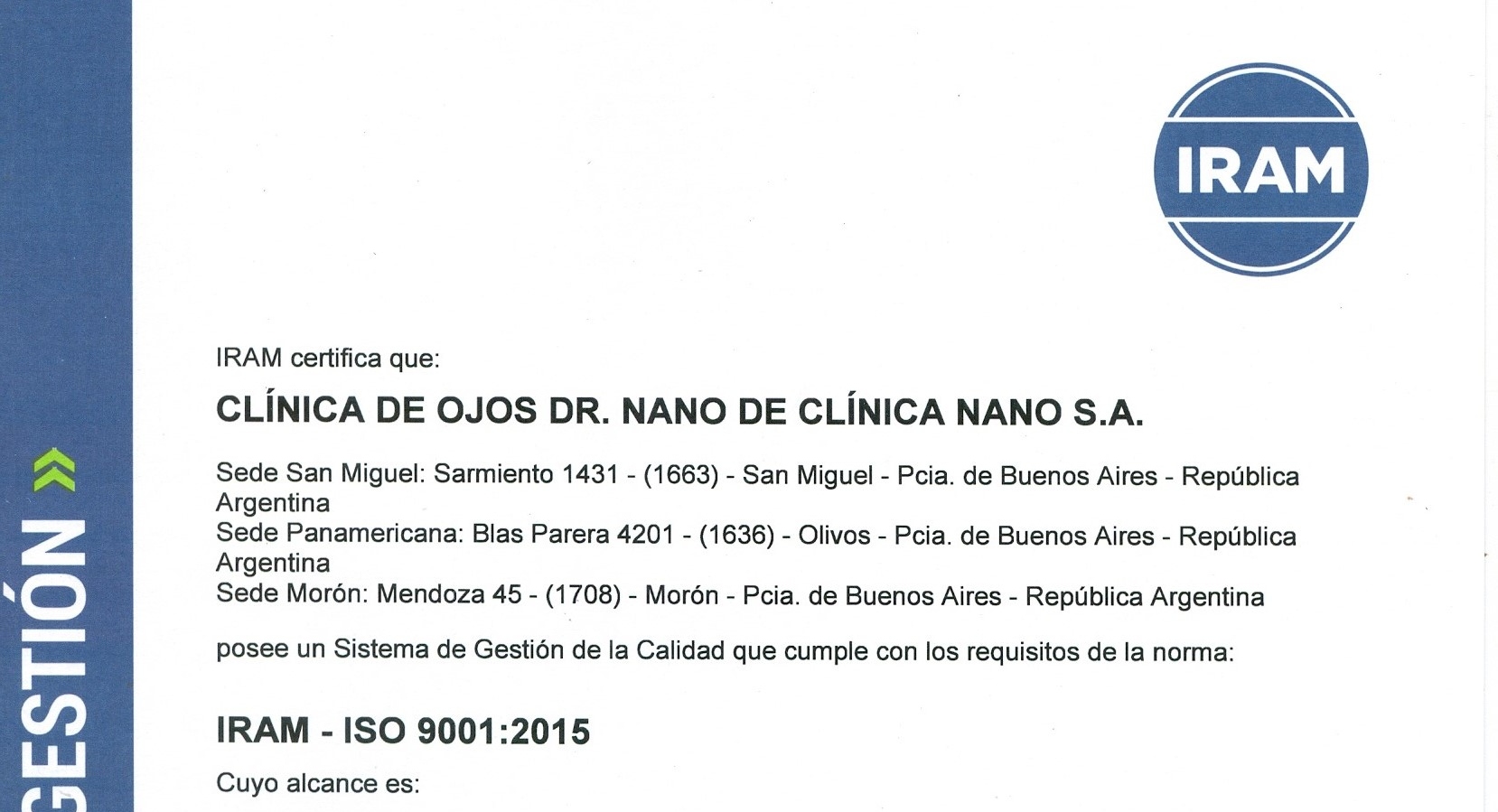 Clínica Nano recertificó bajo la Norma ISO 9001:2015